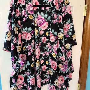 Maurices Black Floral Kimono with Pink and Mint Green Blooms